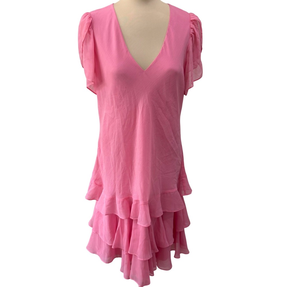 Lauren Ralph Lauren Pink Ruffle Dress Sz 12 Chiffon Flutter Sleeve Wedding Guest